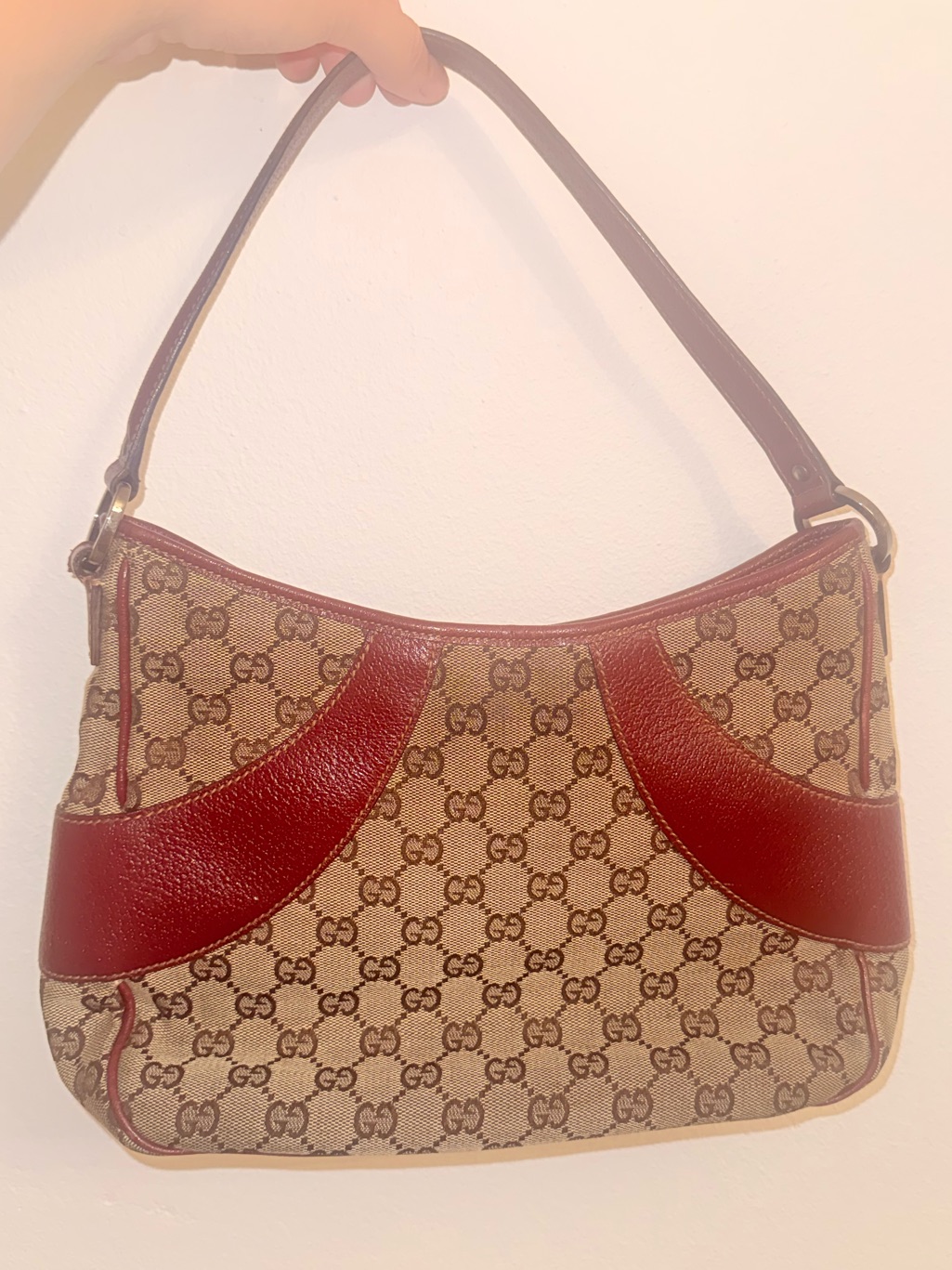 Authentic Vintage Gucci Gg Monogram Canvas  Burgundy Leather Shoulder Bag